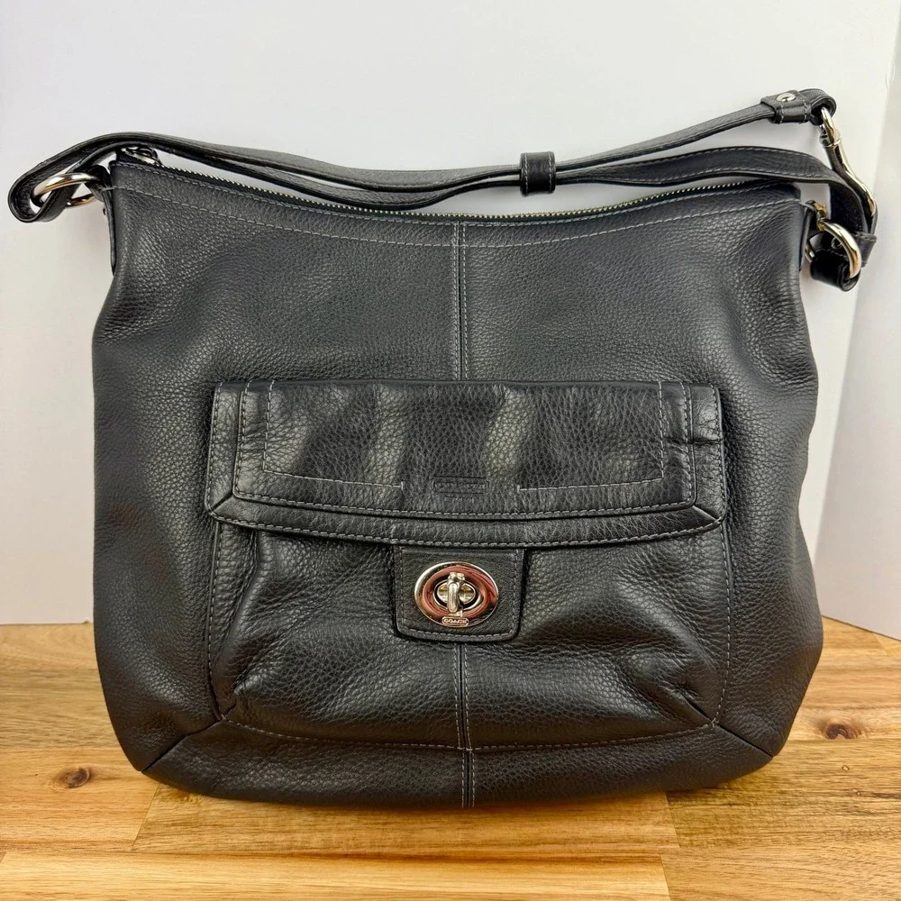 Coach Penelope Black Pebbled Leather Turnlock Hobo Shoulder Bag Purse